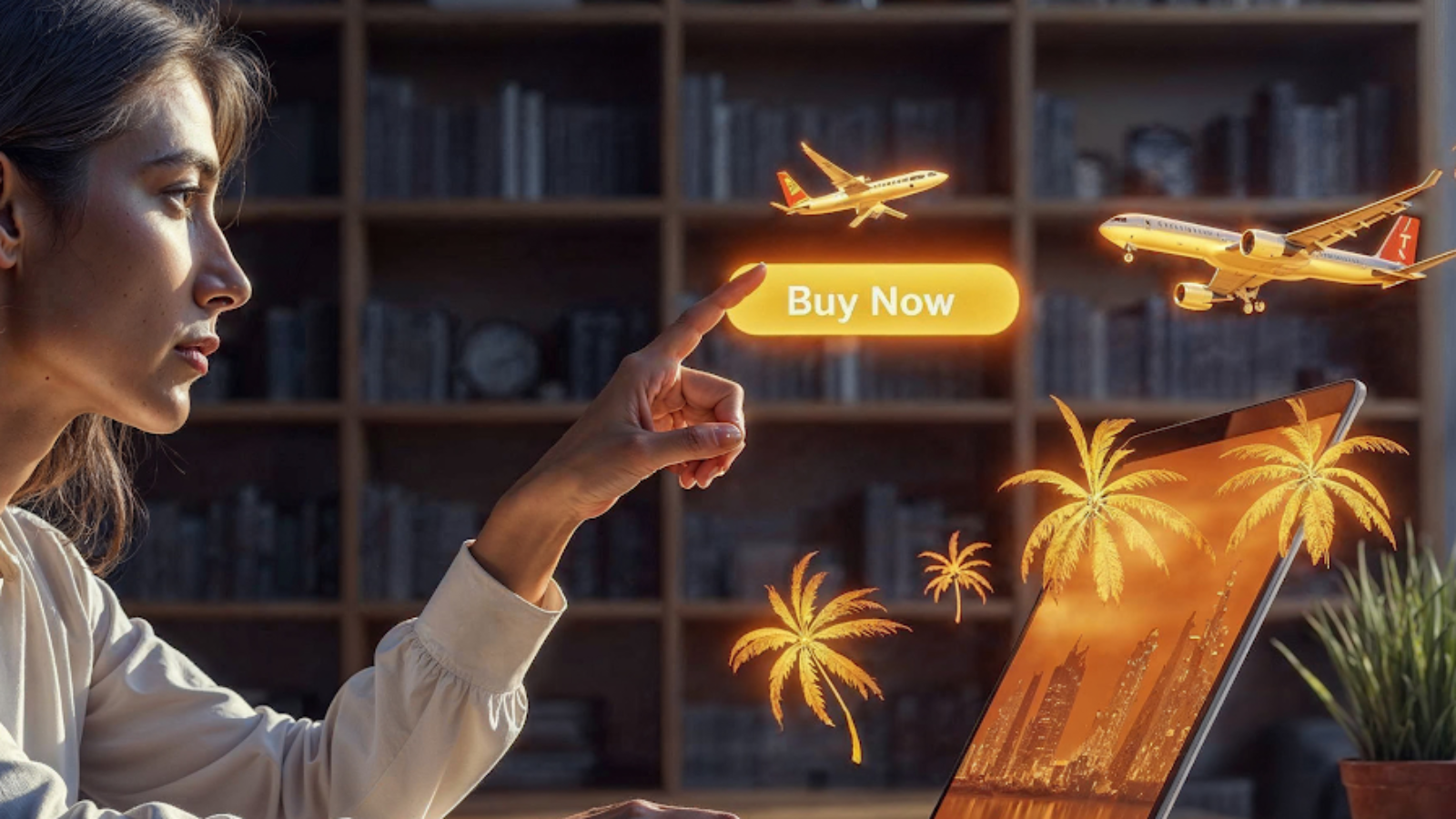 Business traveler using digital booking platform with virtual flights and destinations for corporate travel procurement.