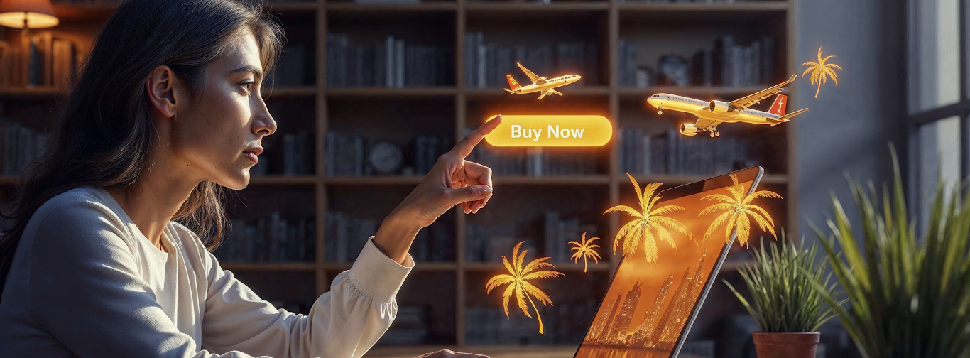 Business traveler using digital booking platform with virtual flights and destinations for corporate travel procurement.