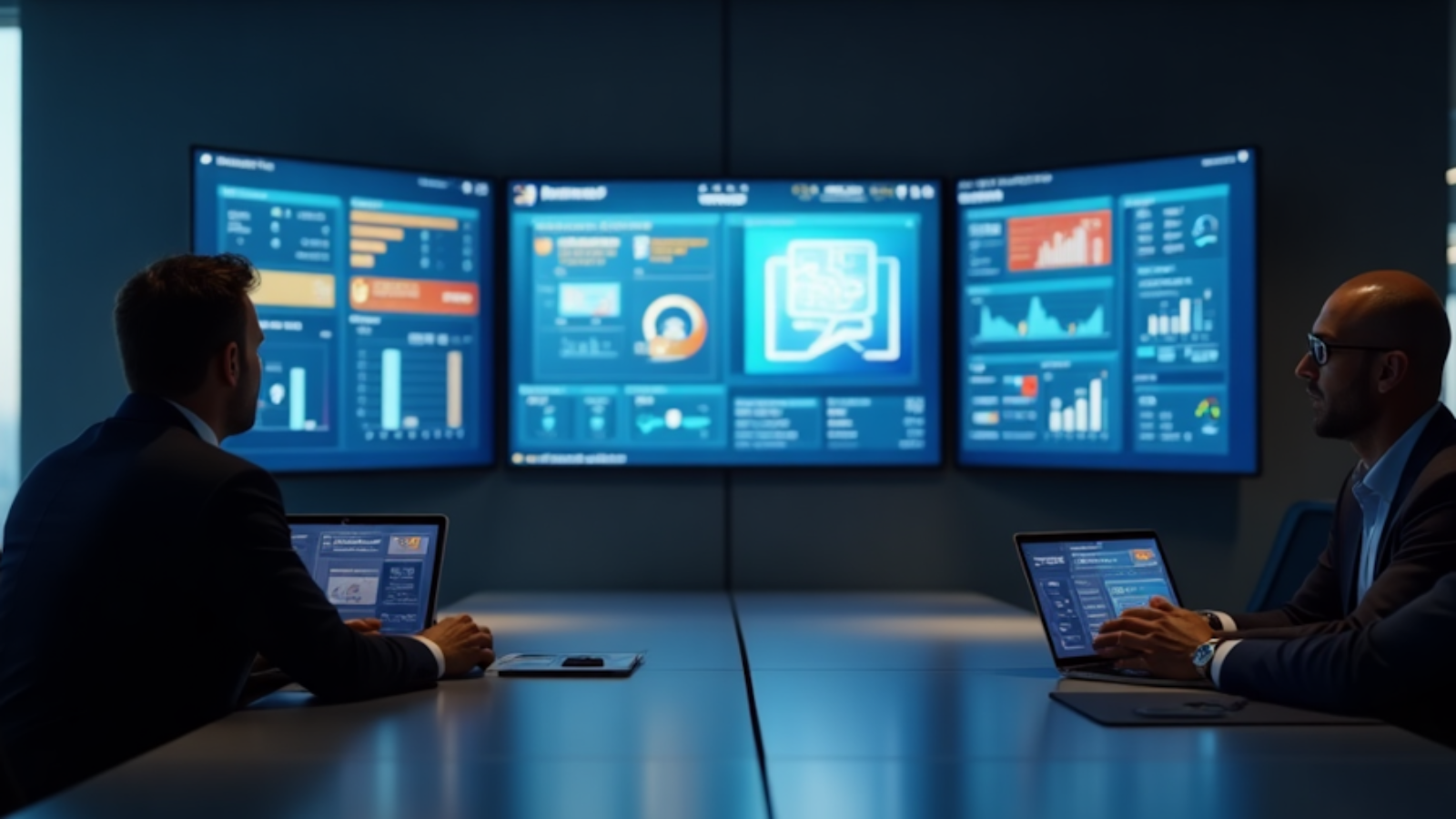 Airline executives reviewing NDC dashboards with booking data, distribution analytics, and sales performance reports.