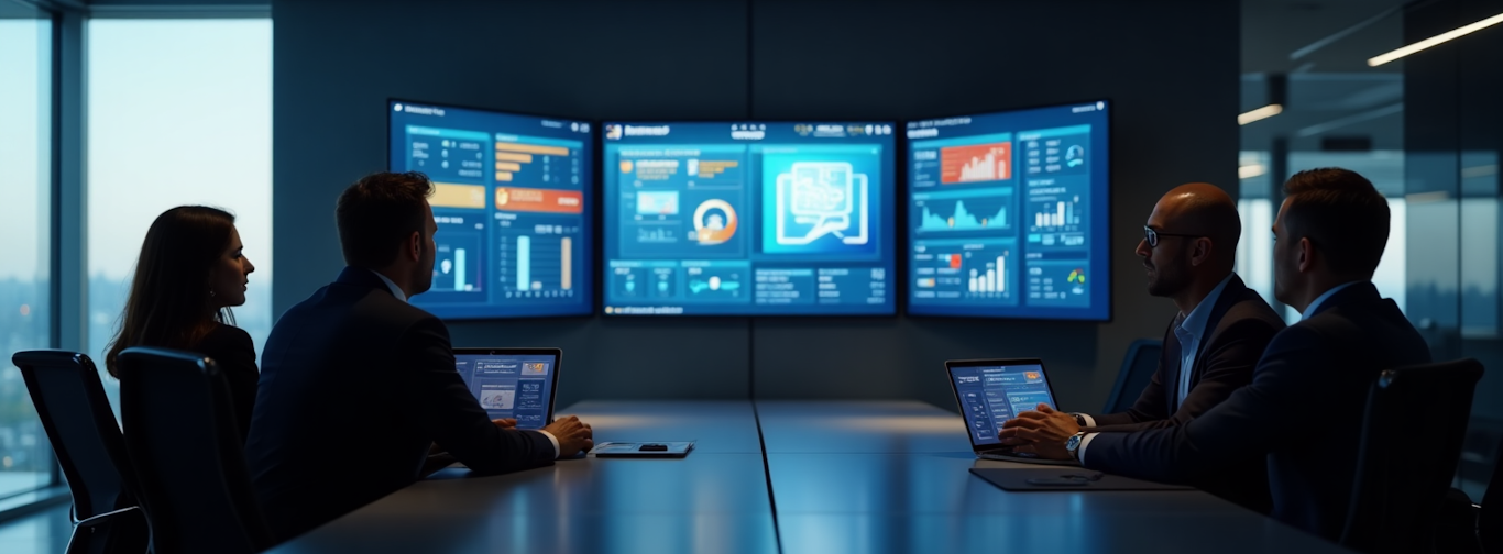 Airline executives reviewing NDC dashboards with booking data, distribution analytics, and sales performance reports.