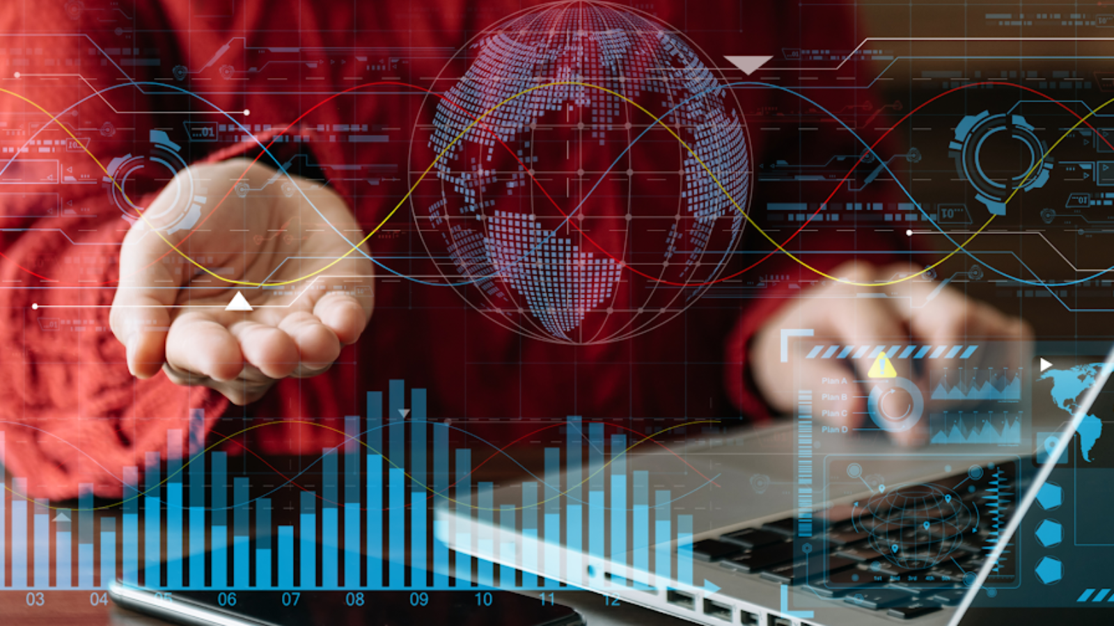 Business professional analyzing global travel data and charts highlighting benefits of early NDC adoption.