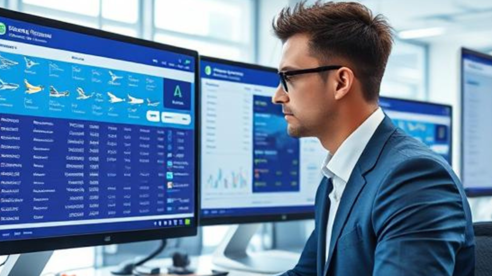Travel agency professional analyzing airline booking data on NDC-enabled software platform.