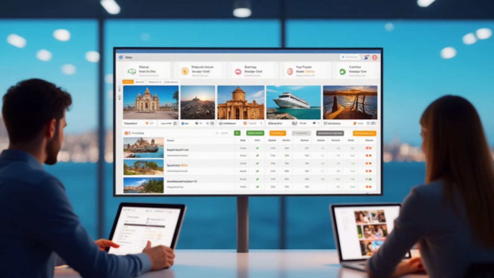 Travel agency professionals using workflow automation software to manage bookings and operations.