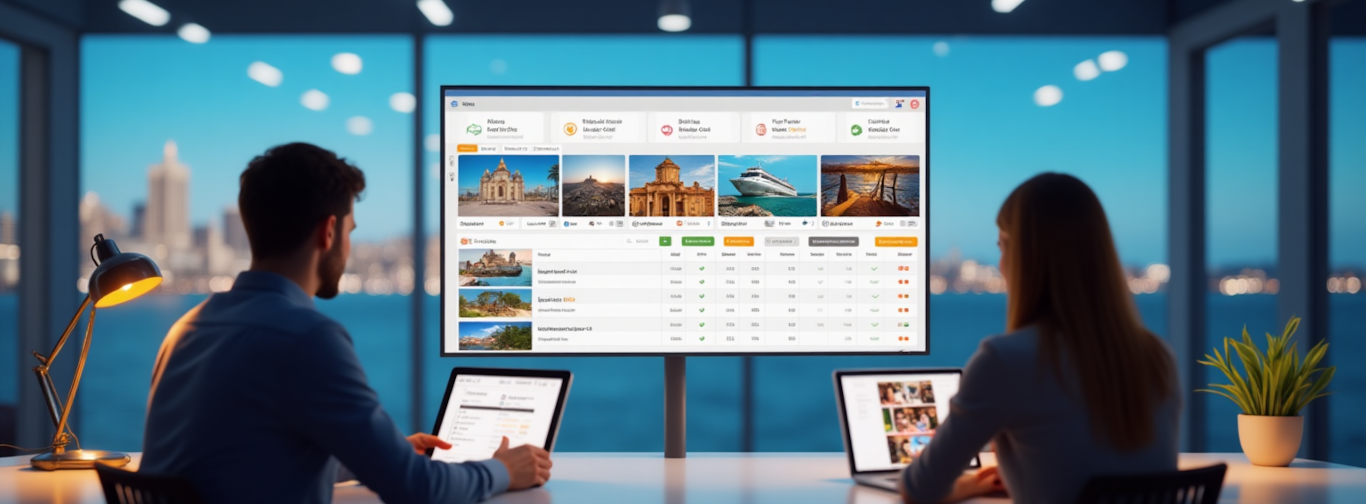 Travel agency professionals using workflow automation software to manage bookings and operations.