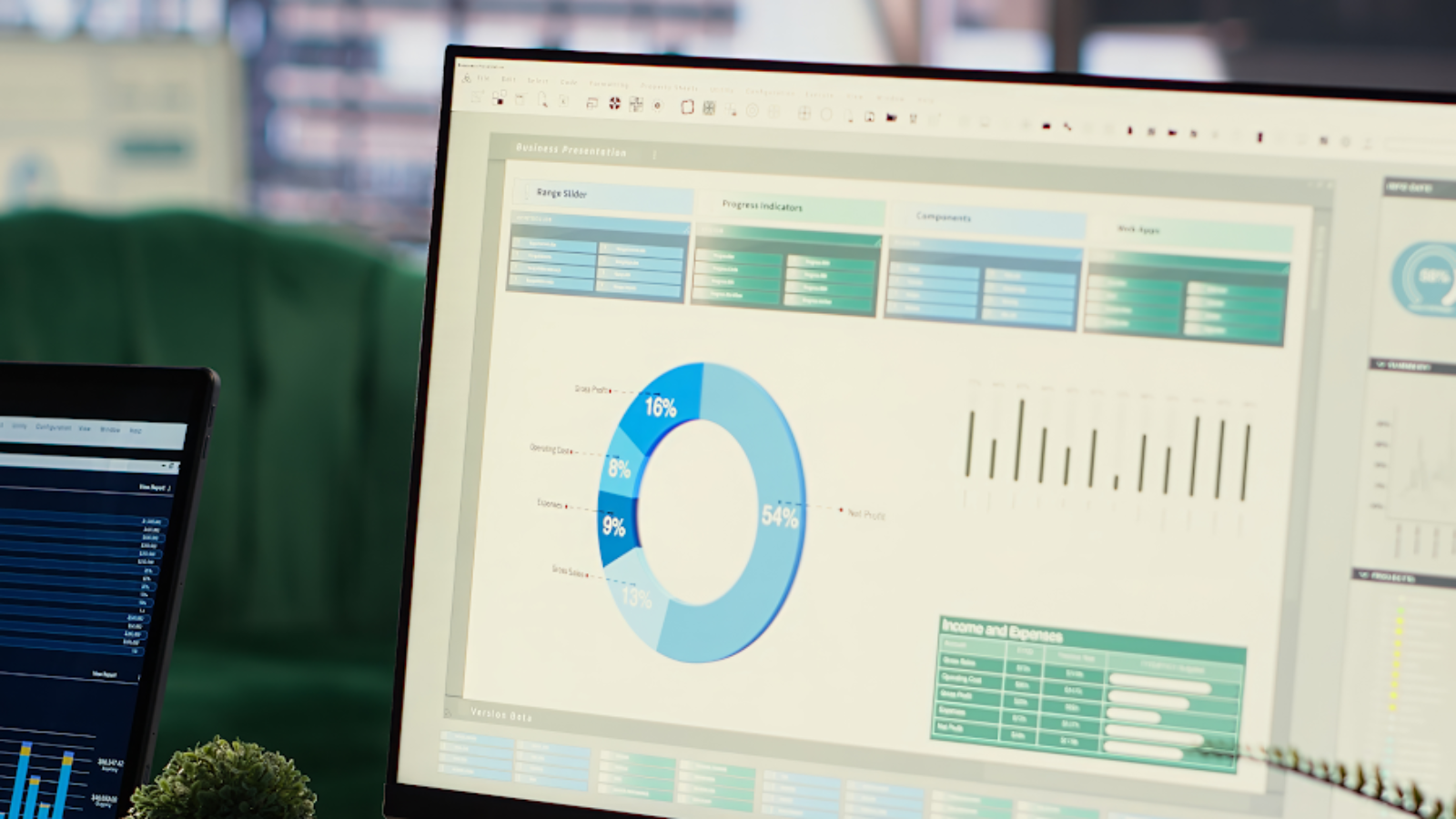 Analytics dashboard on screen showing revenue growth and direct booking performance for travel agencies.