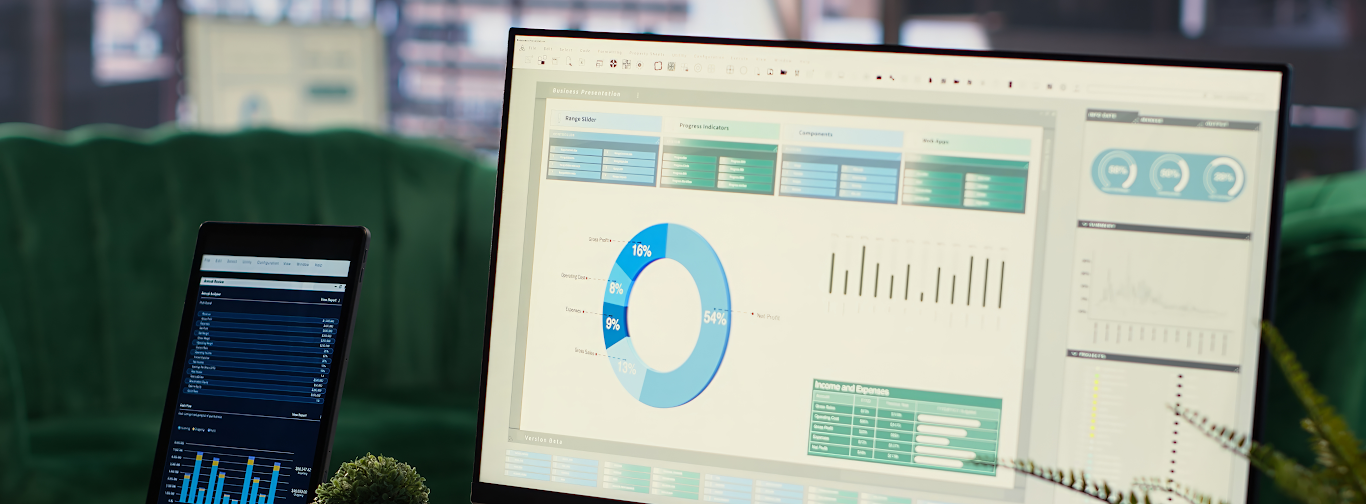 Analytics dashboard on screen showing revenue growth and direct booking performance for travel agencies.