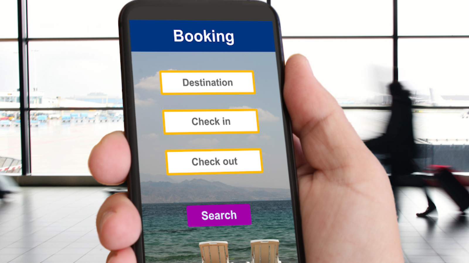 Traveler using mobile booking app at airport highlighting ease of search to reduce booking abandonment.
