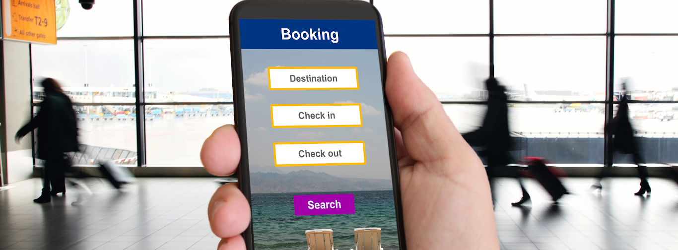 Traveler using mobile booking app at airport highlighting ease of search to reduce booking abandonment.