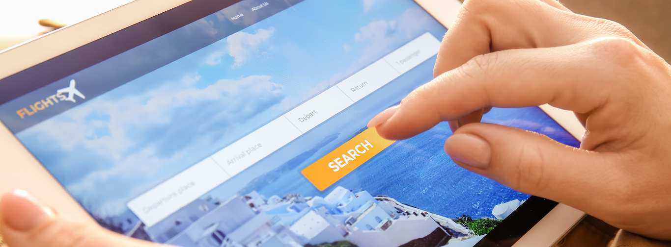 Tour operator software on tablet enabling online flight search to boost bookings and revenue growth.