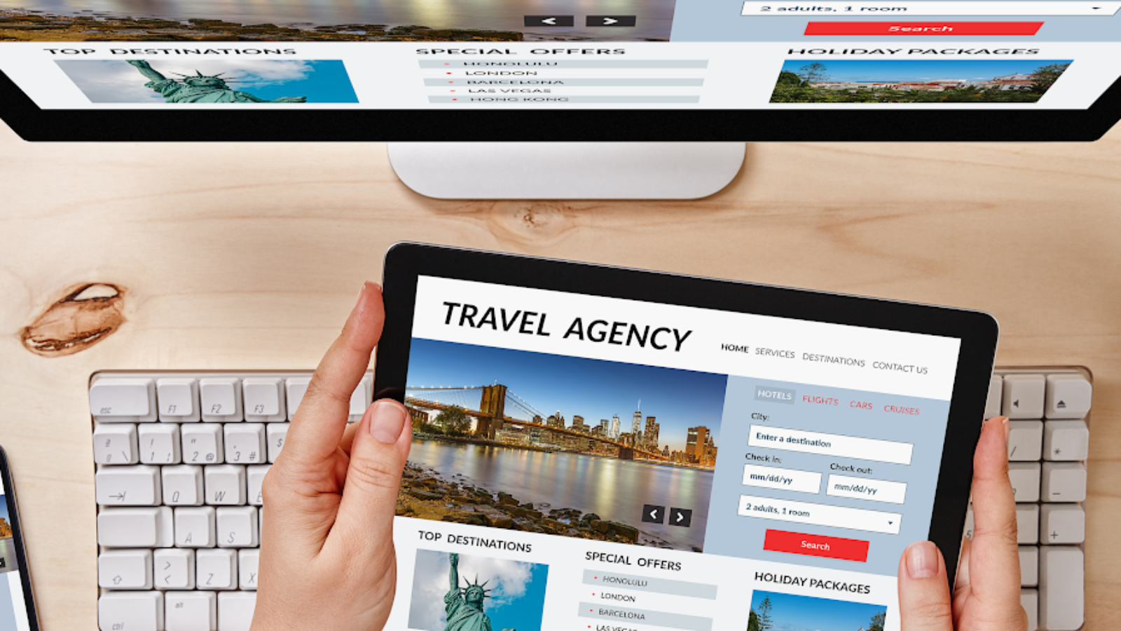 Online travel booking system displayed on tablet, desktop, and mobile for back-office efficiency.