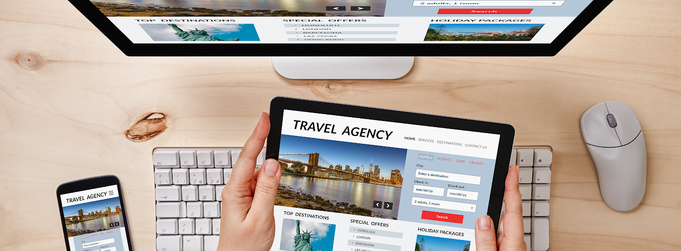 Online travel booking system displayed on tablet, desktop, and mobile for back-office efficiency.
