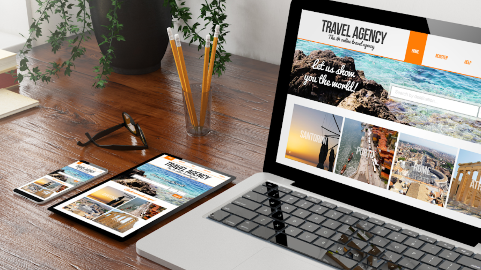 Travel agency booking platform on laptop and tablet with personalized filters and sorting options.