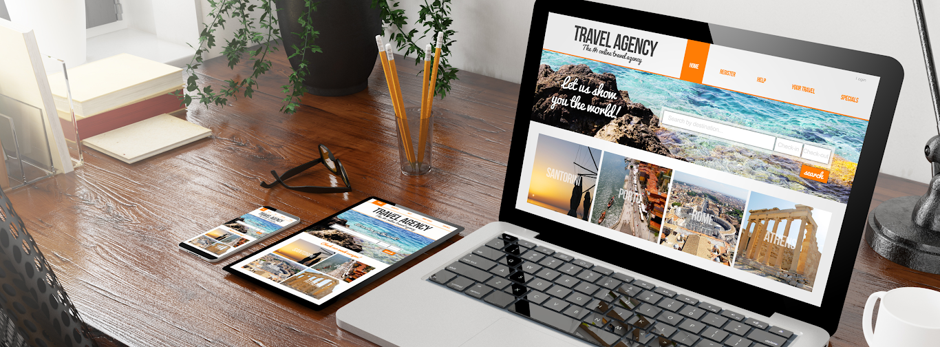 Travel agency booking platform on laptop and tablet with personalized filters and sorting options.