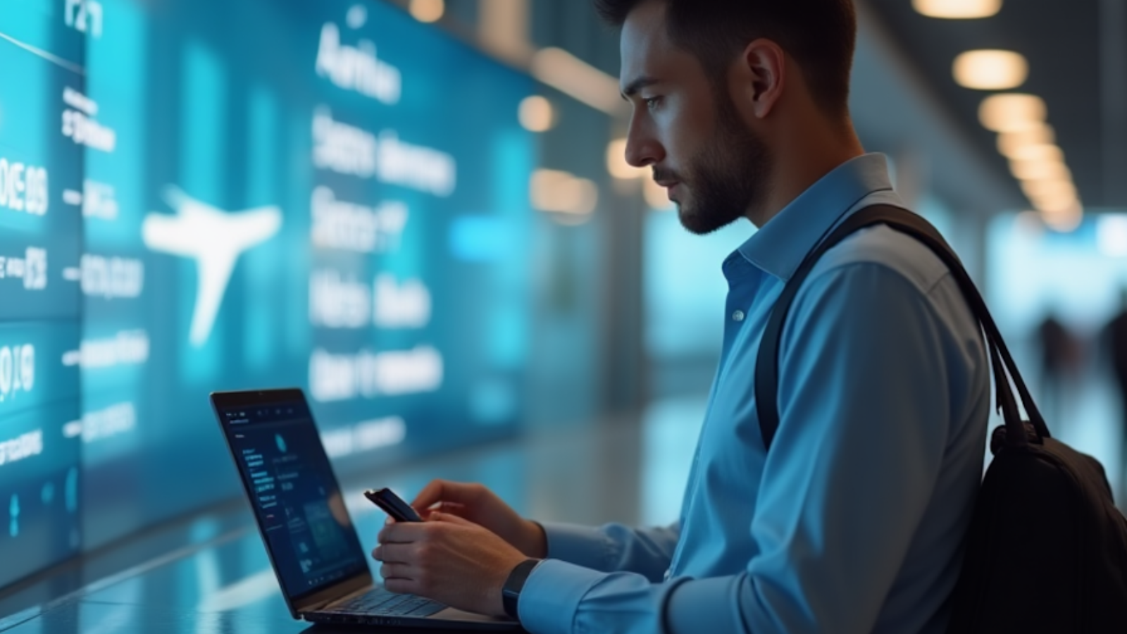 Business traveler using digital tools to manage corporate travel bookings at airport in 2025.