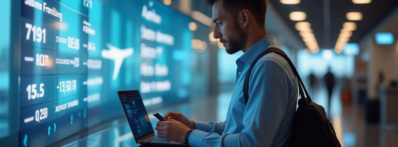 Business traveler using digital tools to manage corporate travel bookings at airport in 2025.