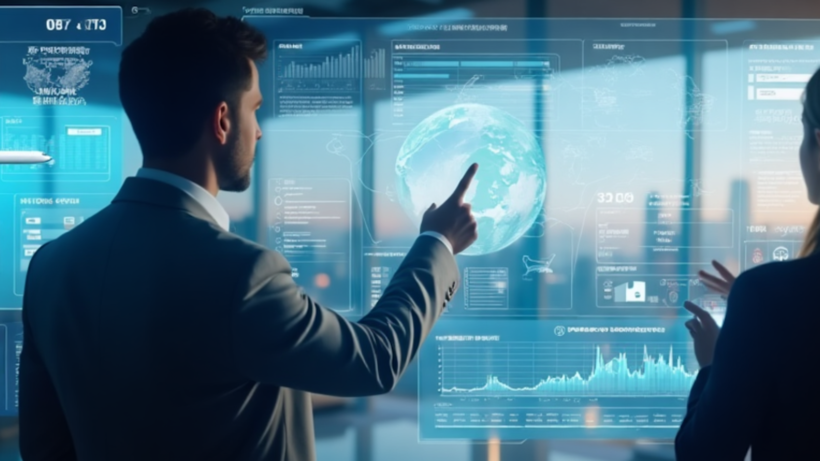 Business professionals analyzing futuristic travel management dashboards to futureproof TMC operations in 2025.