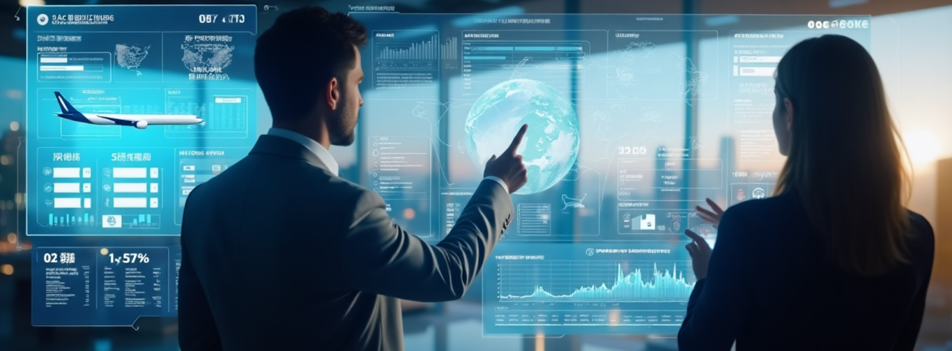 Business professionals analyzing futuristic travel management dashboards to futureproof TMC operations in 2025.