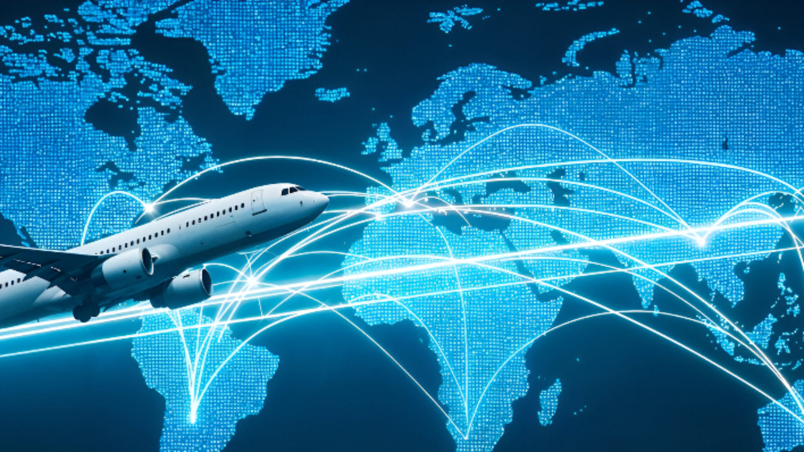Airplane over digital world map showing global flight routes and GDS connectivity for travel agencies.