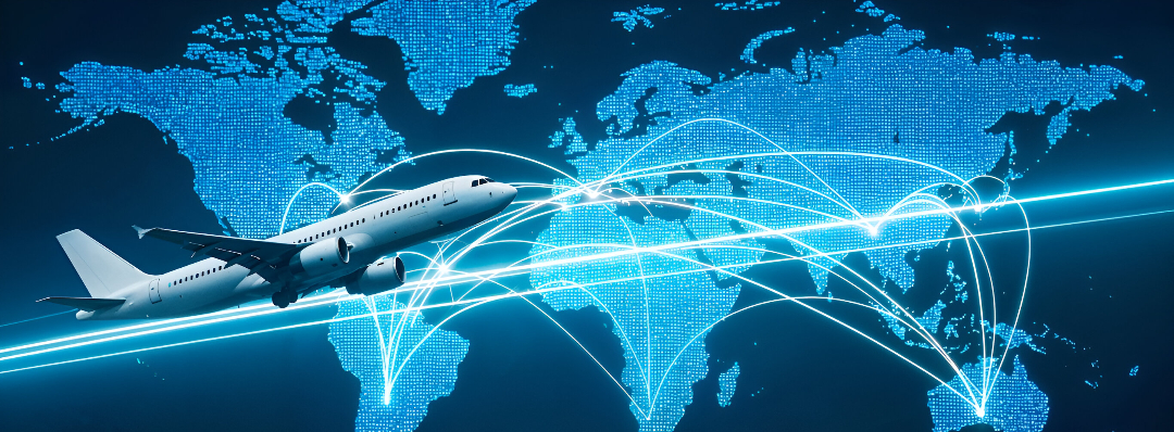 Airplane over digital world map showing global flight routes and GDS connectivity for travel agencies.