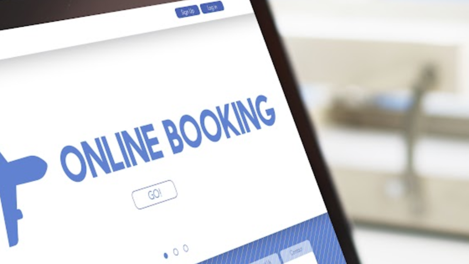 Tablet screen showing online booking system highlighting automation in business travel management.