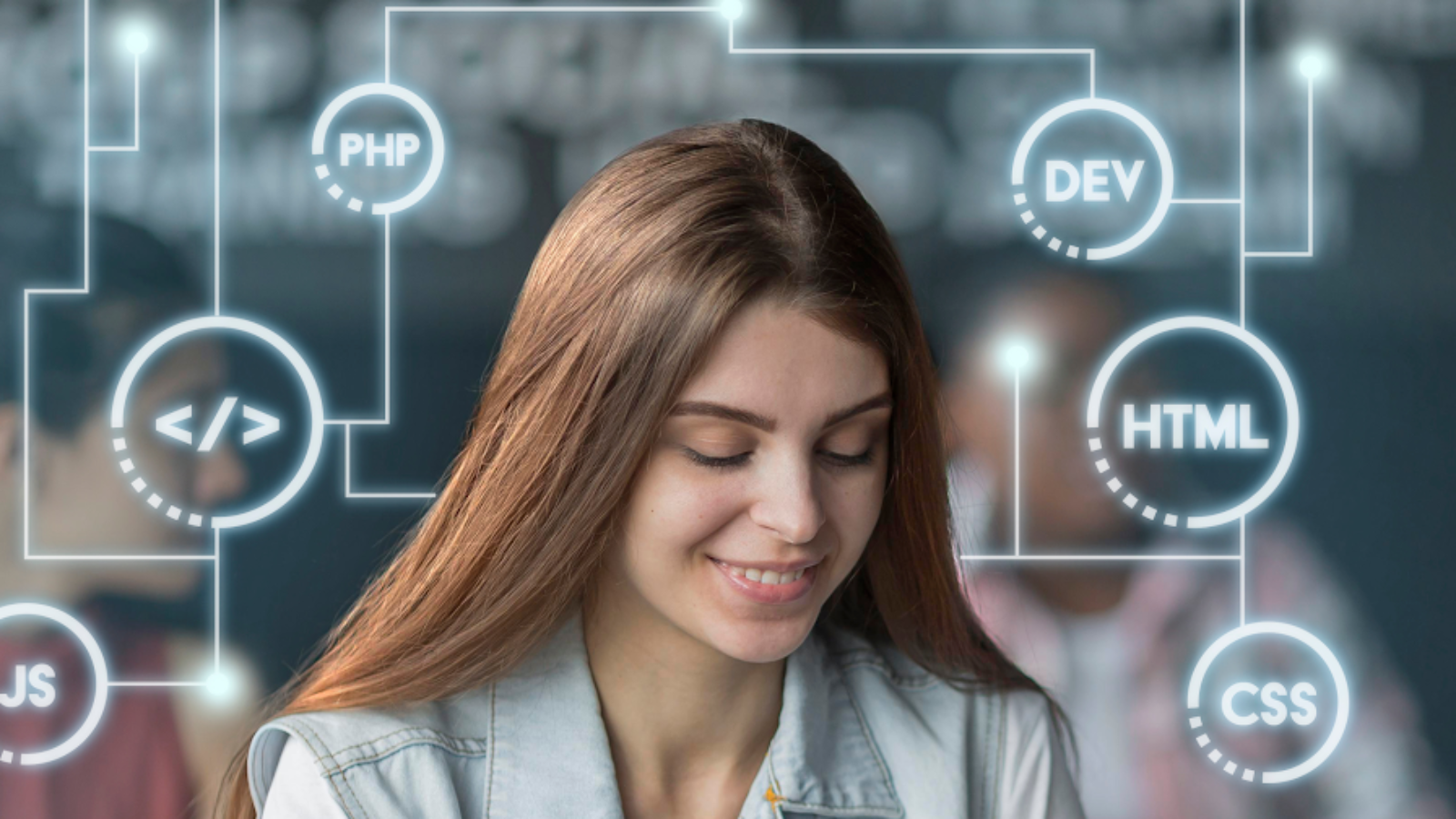 Developer working with integrated software solutions highlighting PHP, HTML, CSS, and JavaScript technologies.