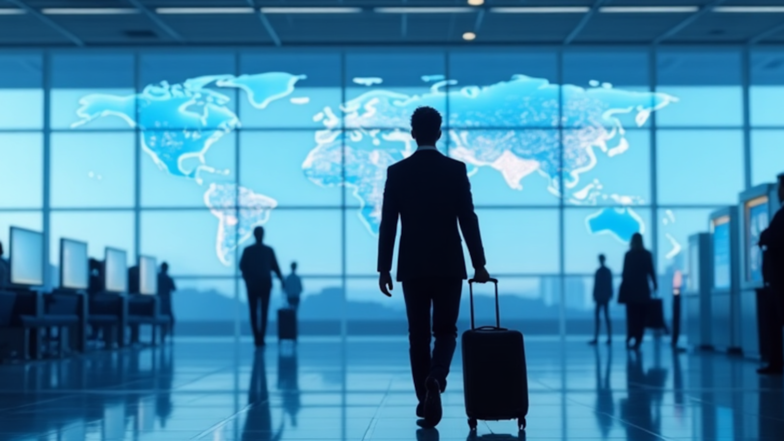 Business traveler at airport with digital world map highlighting AI’s role in the future of corporate travel management.