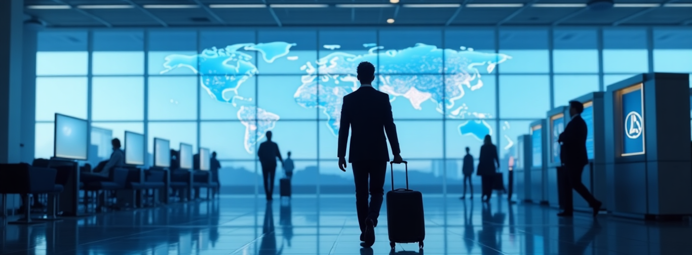 Business traveler at airport with digital world map highlighting AI’s role in the future of corporate travel management.