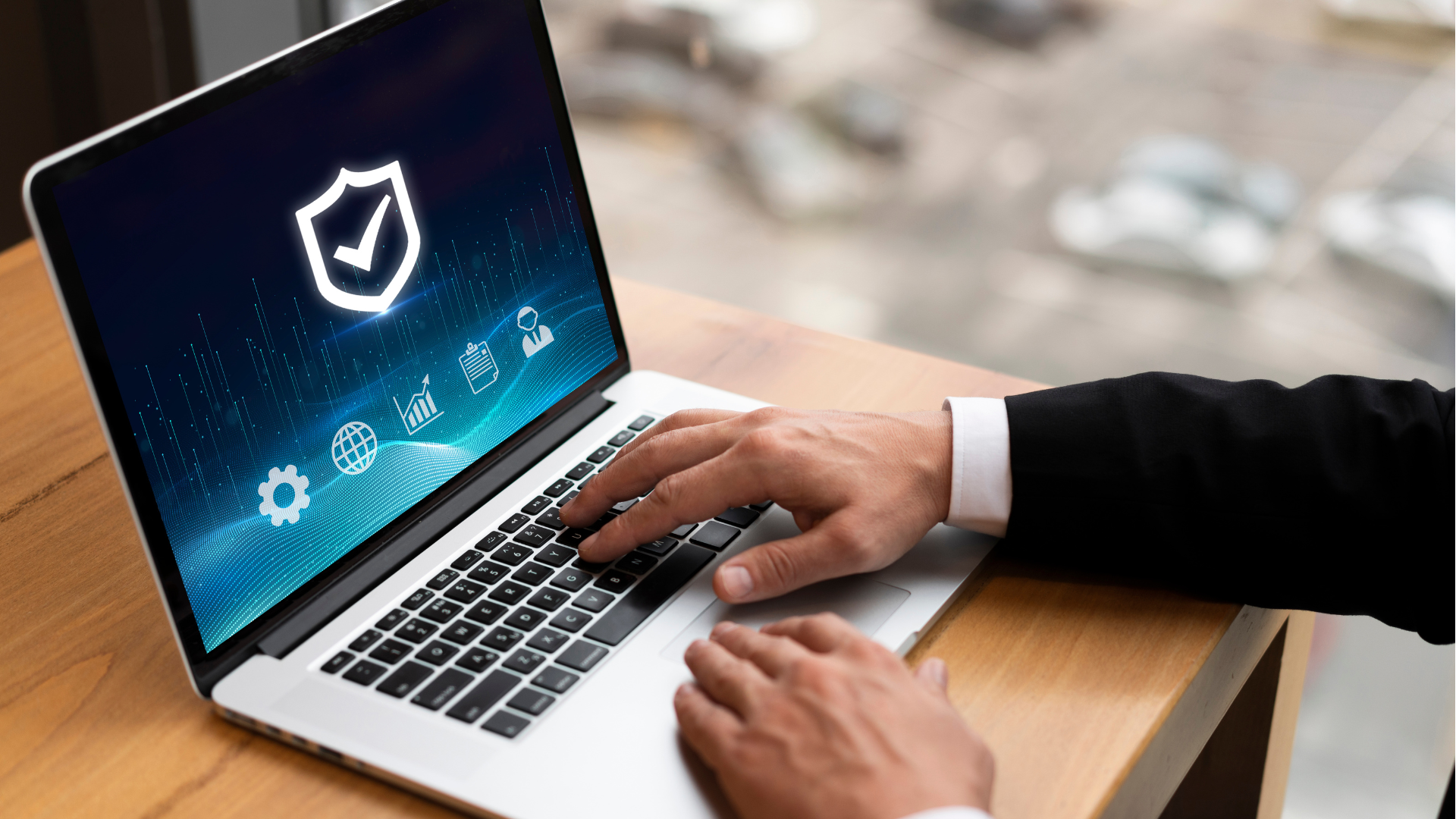 Businessman using B2B travel agency software on a laptop for secure, automated supplier payments, with digital icons representing analytics, global connectivity, and workflow automation.