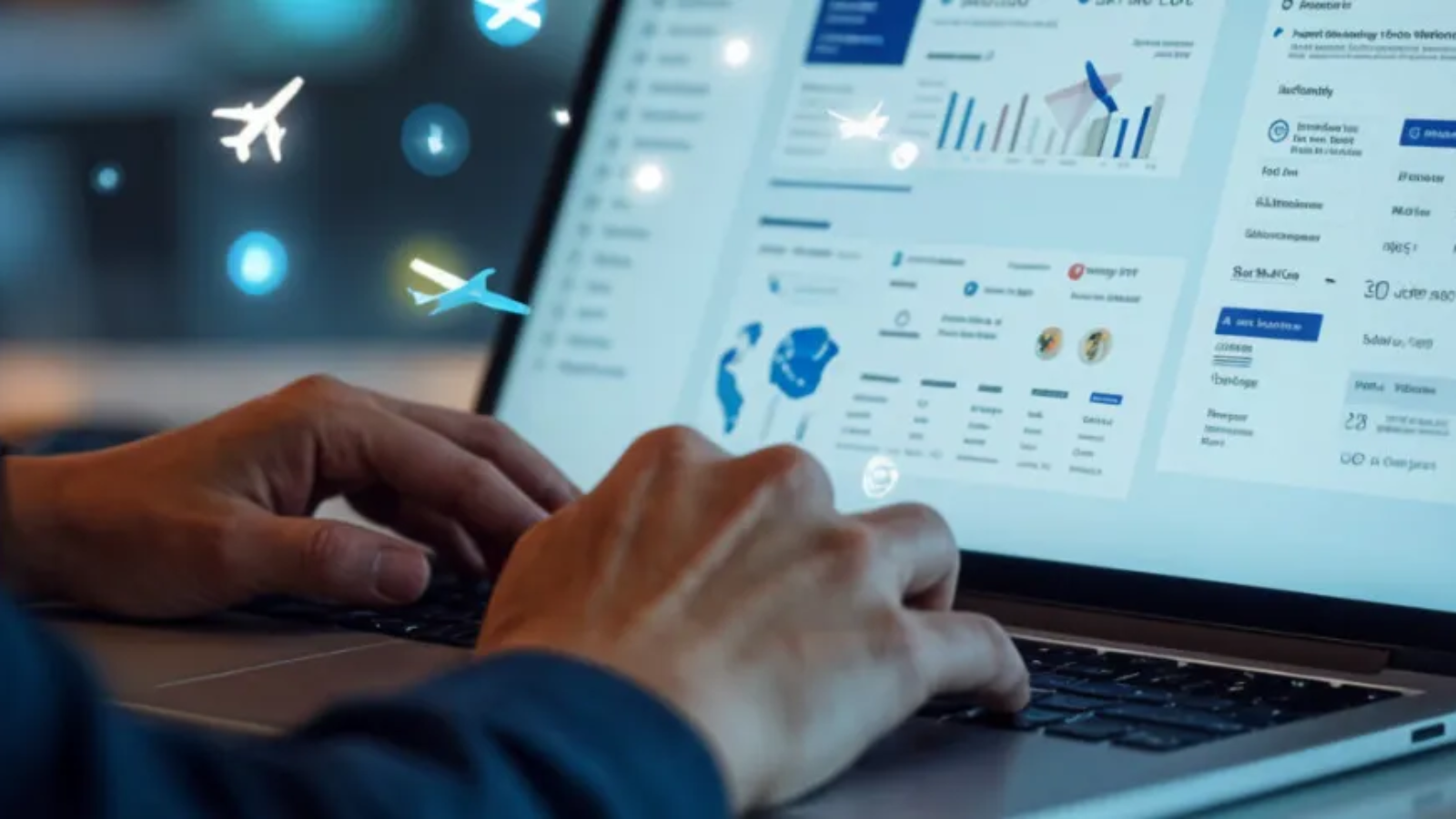 Travel agent using advanced travel software dashboard with booking and analytics tools 2025