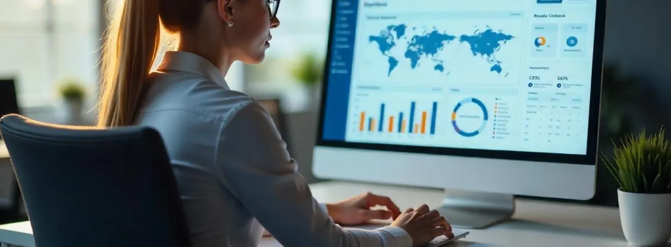 Business professional using corporate booking tool dashboard for travel management