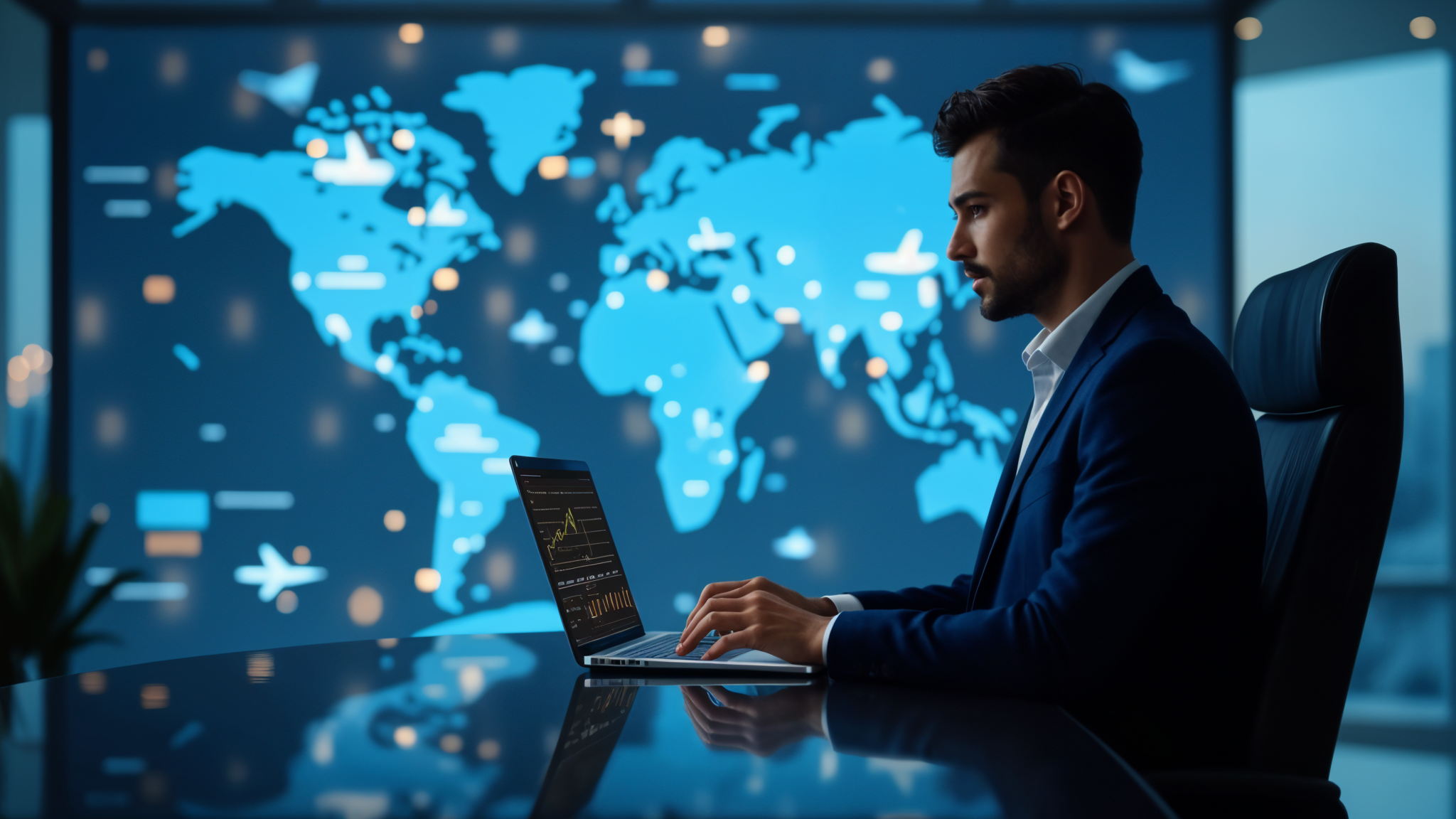 Business traveler using digital travel management software with dashboard, booking interface, and global travel icons – representing corporate travel automation
