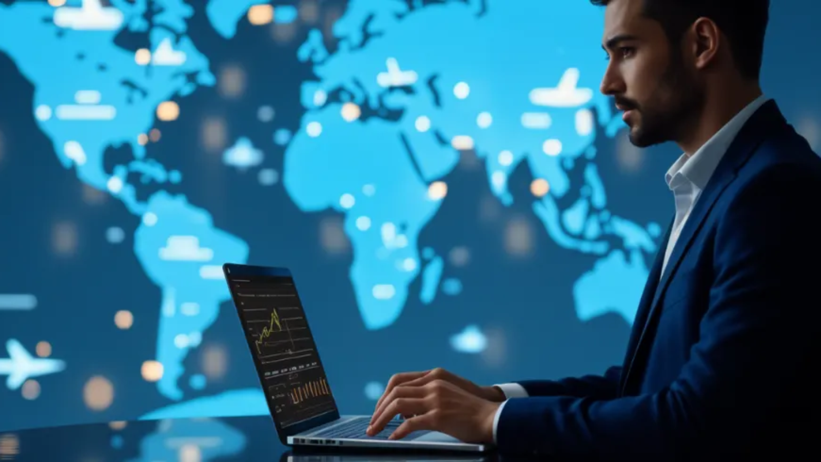 Business professional using corporate travel management software with global dashboard