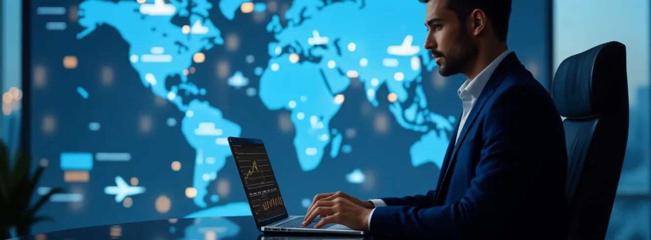 Business professional using corporate travel management software with global dashboard