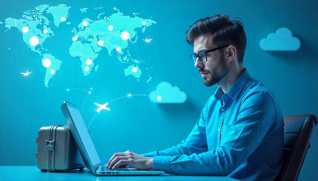Illustration of a modern entrepreneur starting a travel agency with digital tools and global travel icons