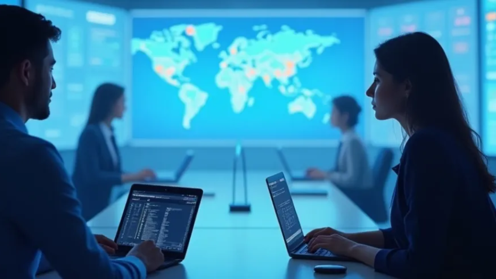 Travel agents using B2B booking portals with global travel data on digital screens