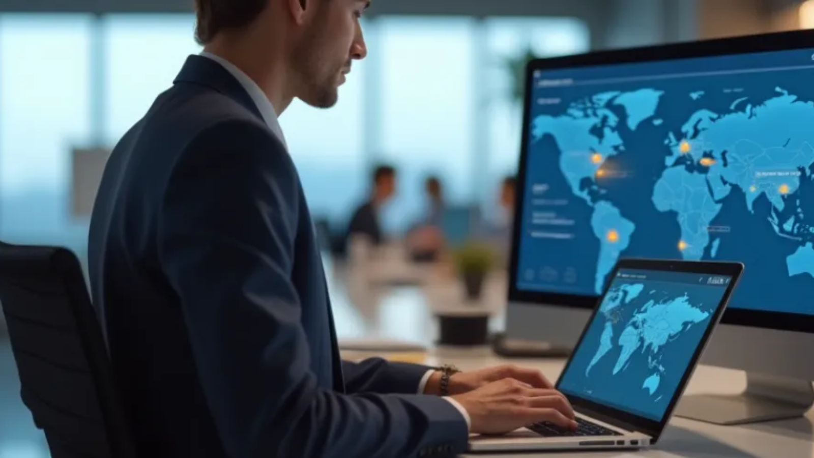 Business professional using global dashboard to manage corporate travel software for US agencies 2025