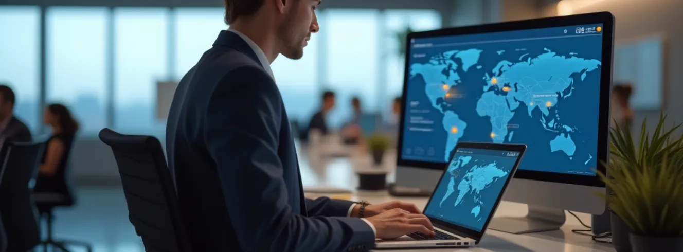 Business professional using global dashboard to manage corporate travel software for US agencies 2025