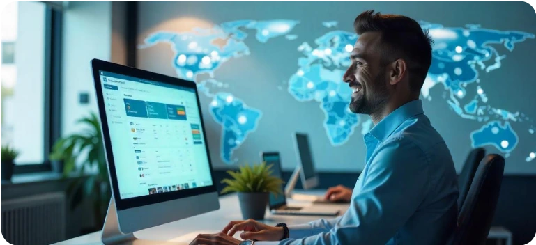 Business professional using travel management software with global map background