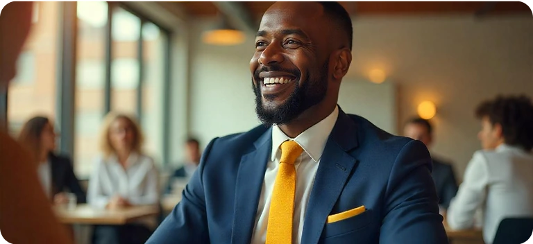 Smiling business professional in office meeting representing trust and success for About Us page