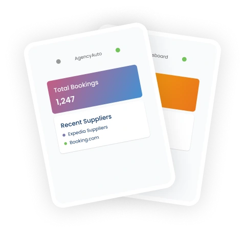 AgencyAuto B2B travel portal showing total bookings dashboard with Expedia and Booking.com suppliers