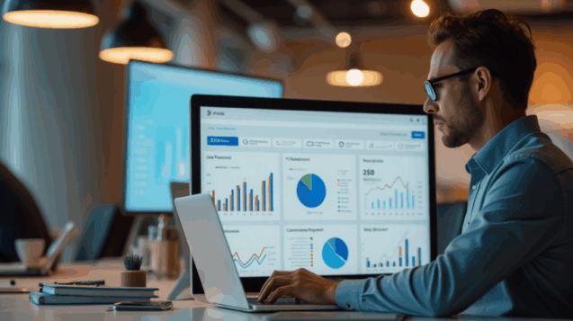A travel analyst using AgencyAuto’s B2C travel software displaying real-time reports and analytics dashboard for smarter travel agency decisions.