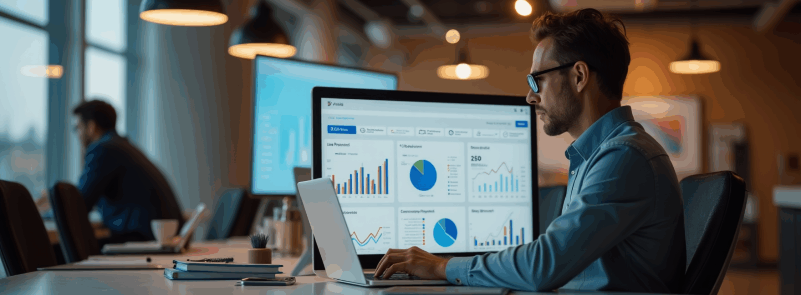 A travel analyst using AgencyAuto’s B2C travel software displaying real-time reports and analytics dashboard for smarter travel agency decisions.