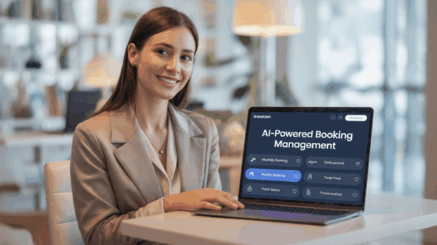A travel professional using a laptop displaying AI-Powered Booking Management on a B2C travel software dashboard by AgencyAuto.