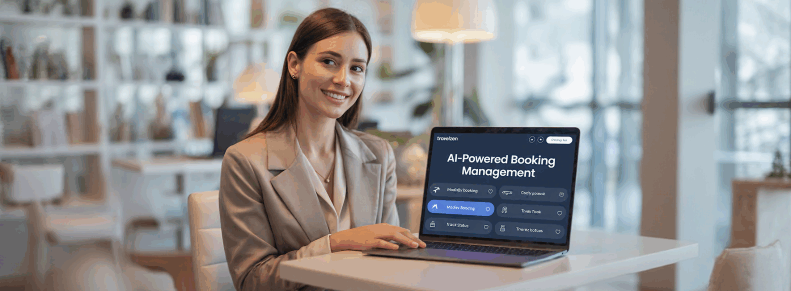 A travel professional using a laptop displaying AI-Powered Booking Management on a B2C travel software dashboard by AgencyAuto.
