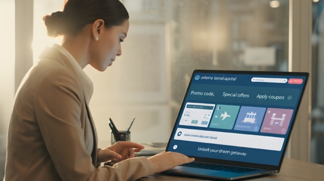 A travel professional using a laptop with a B2C travel booking portal displaying promo codes, special offers, and coupon options to boost conversions.