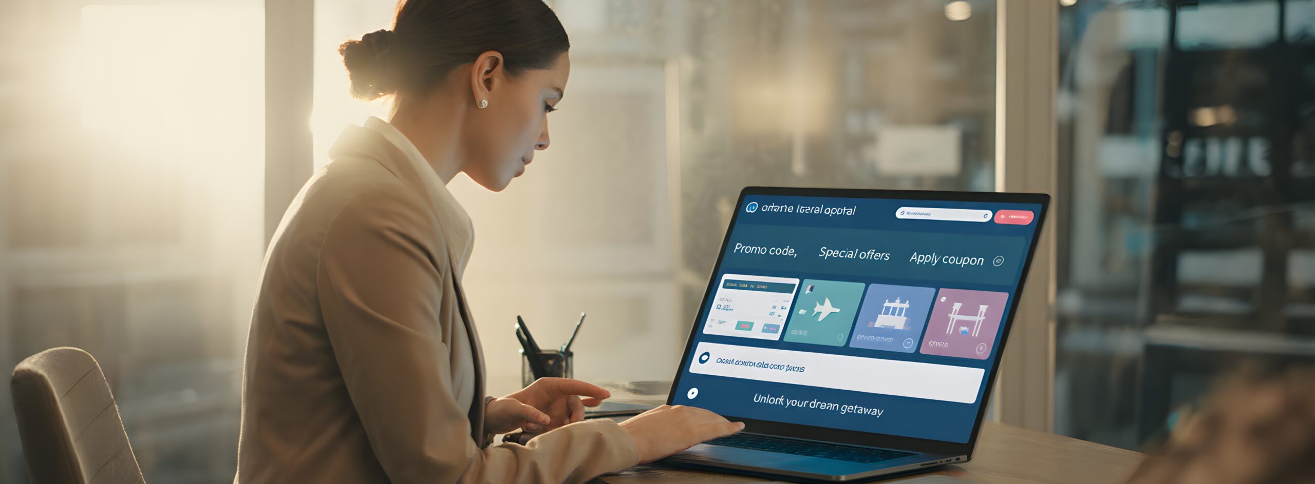 A travel professional using a laptop with a B2C travel booking portal displaying promo codes, special offers, and coupon options to boost conversions.