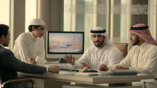 Saudi travel agency team discussing Hajj and Umrah package bookings in a modern office environment