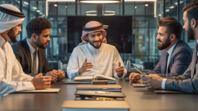 Saudi Hajj and Umrah travel agency team meeting in modern office discussing booking strategy and profitability planning team