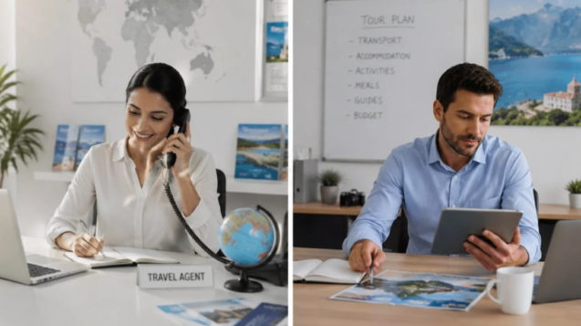 Side-by-side comparison of a travel agent helping clients and a tour operator managing tour packages in a modern travel office.