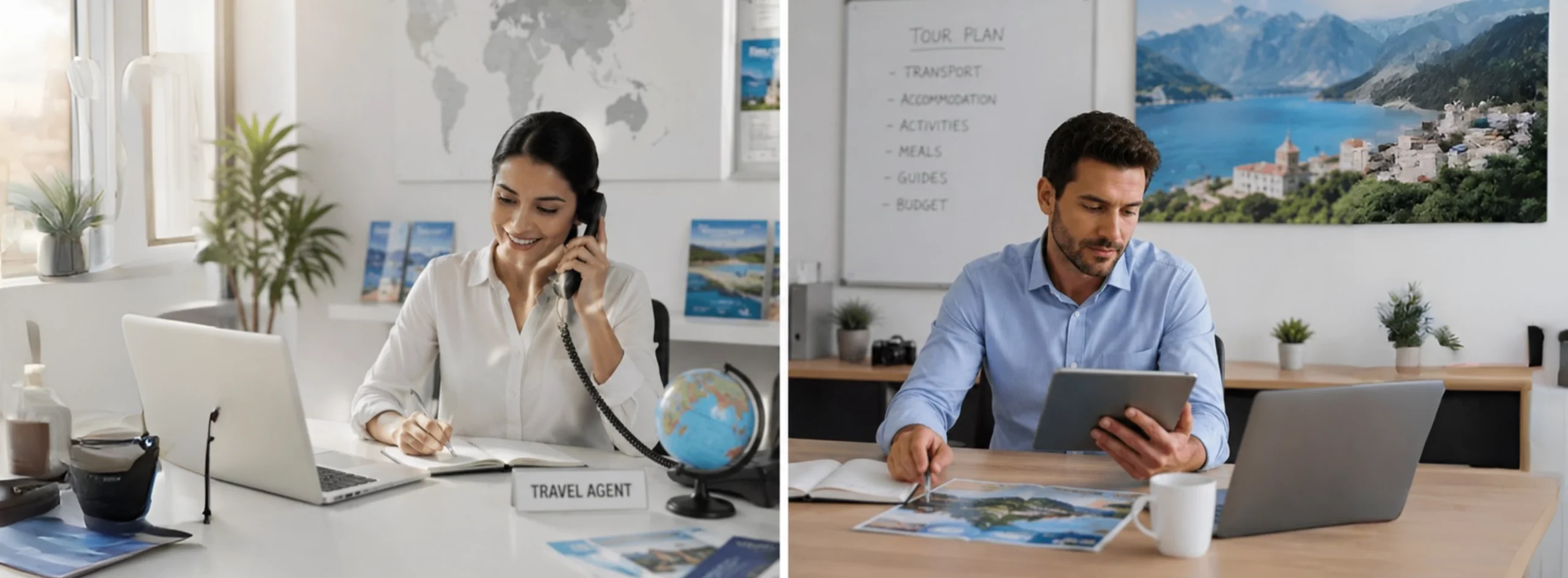 Side-by-side comparison of a travel agent helping clients and a tour operator managing tour packages in a modern travel office.
